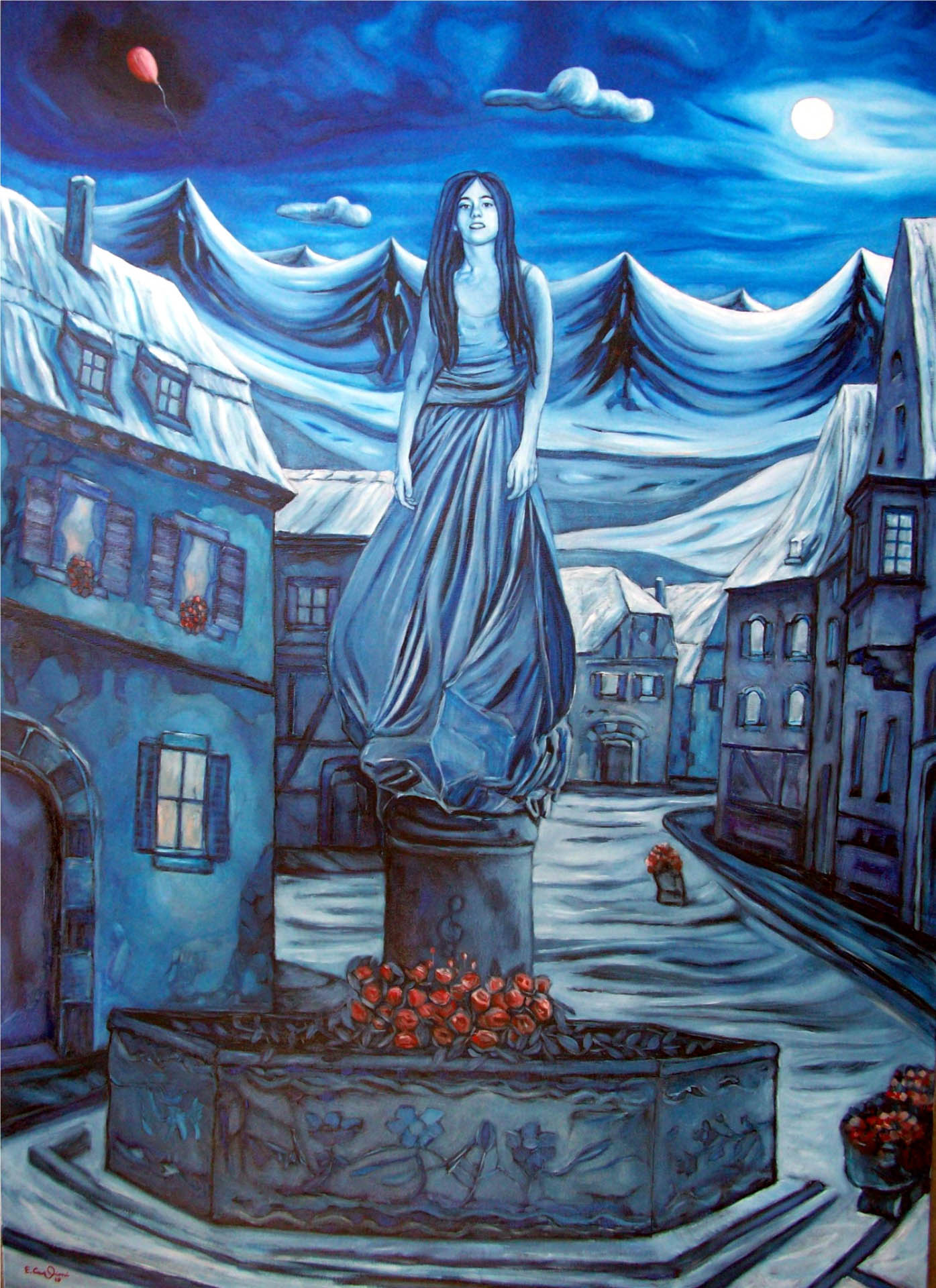 Villaggio con fiori, cm 70x100.