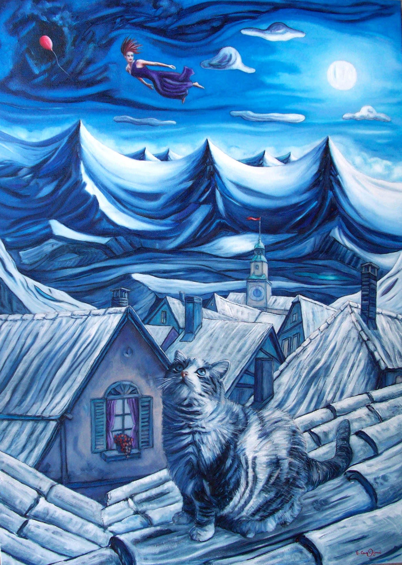 La mia vecchia gatta grassa che guarda su in cielo, cm 60x80.