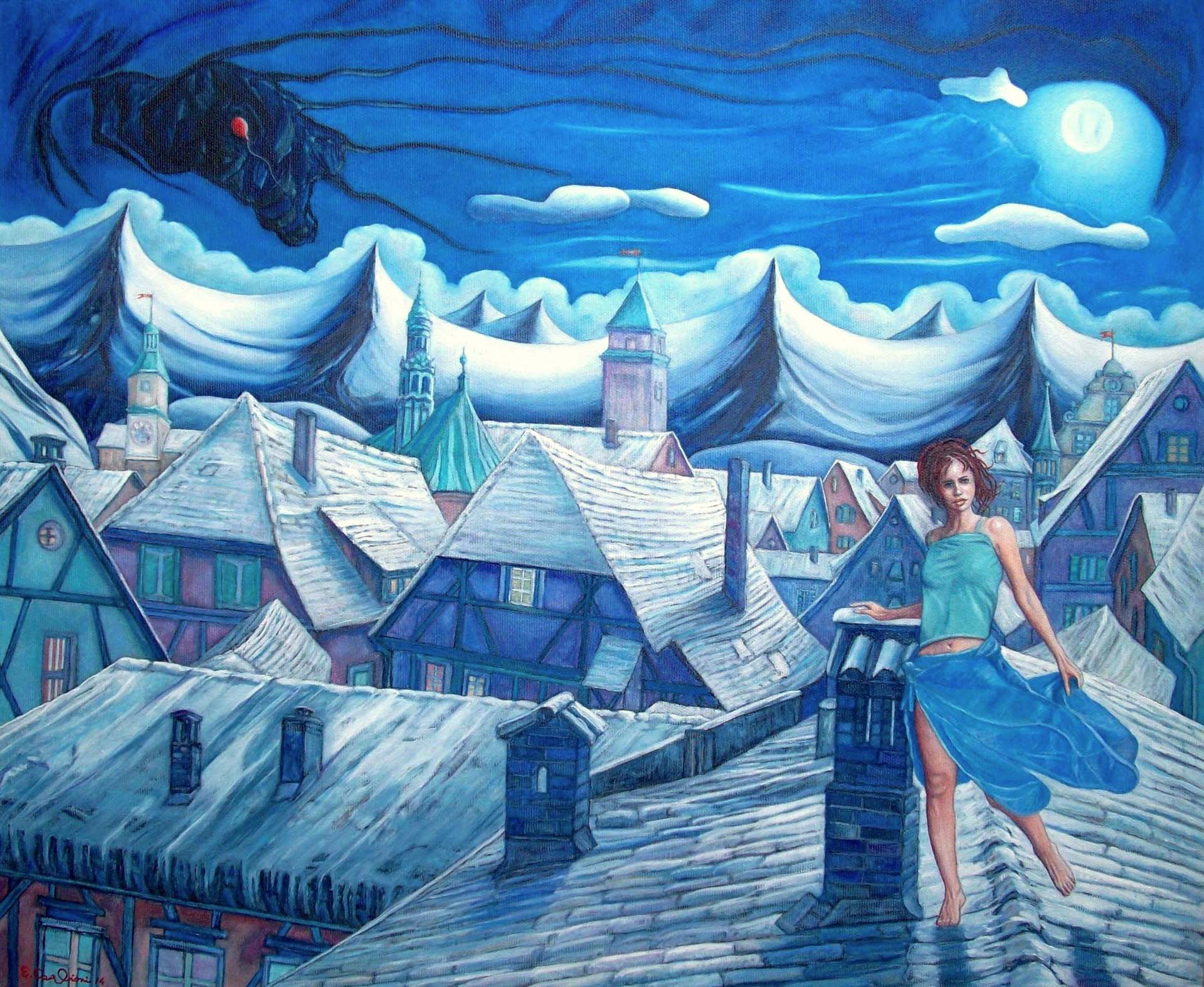 Fata che veglia sul villaggio, cm 60x50.