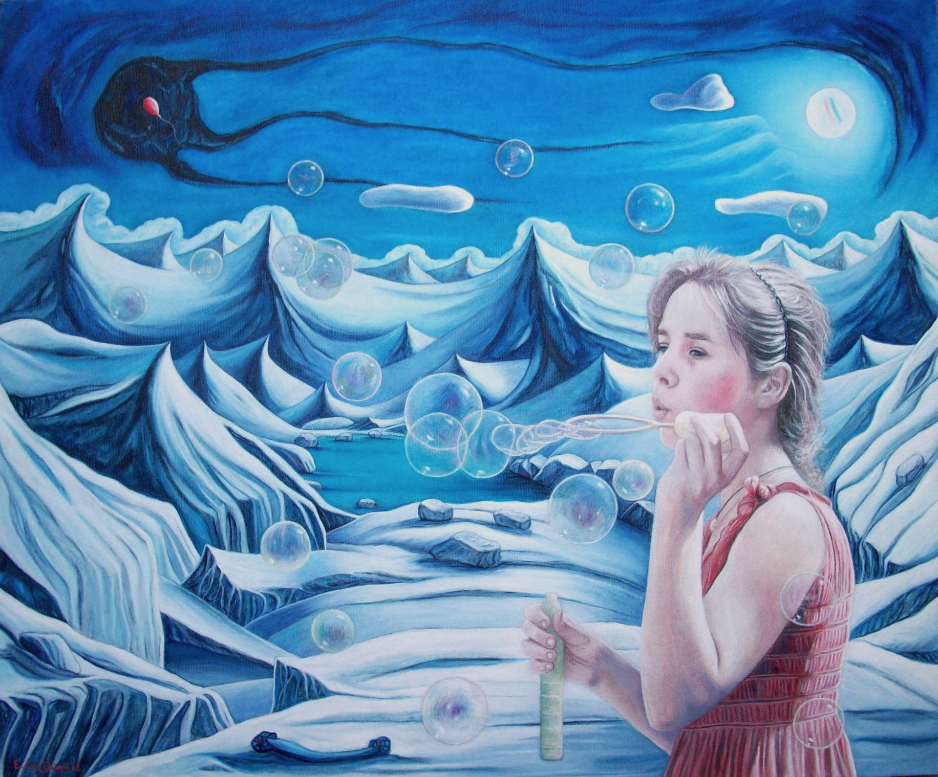 Fata bambina che soffia le bolle di sapone, cm 60x50.
